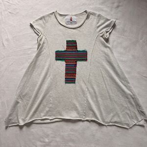 Boho Jane Cream Serape Cross Graphic Tunic Top - Raw Hem - Size M